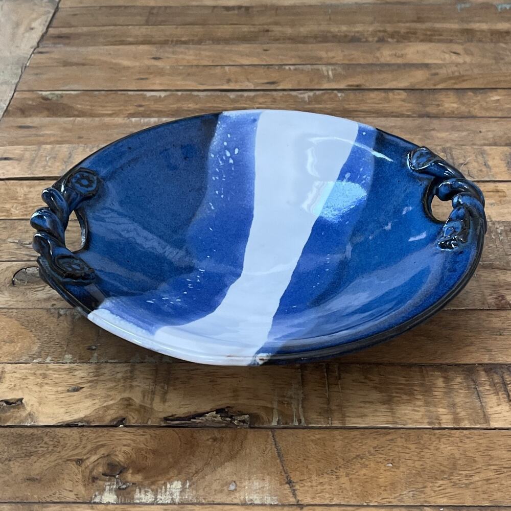 Art Studio Pottery Terracotta Serving Platter 10.25" Blue Glaze Twisted Handles